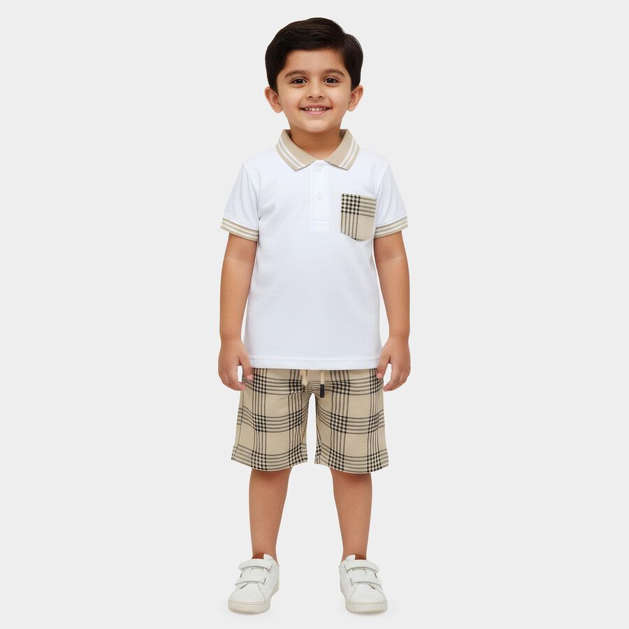 Boys' White Cotton Polo Neck Plaid Baba Suit, White, large