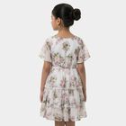 Girls White Round Neck Floral Layered Dress, सफ़ेद, small