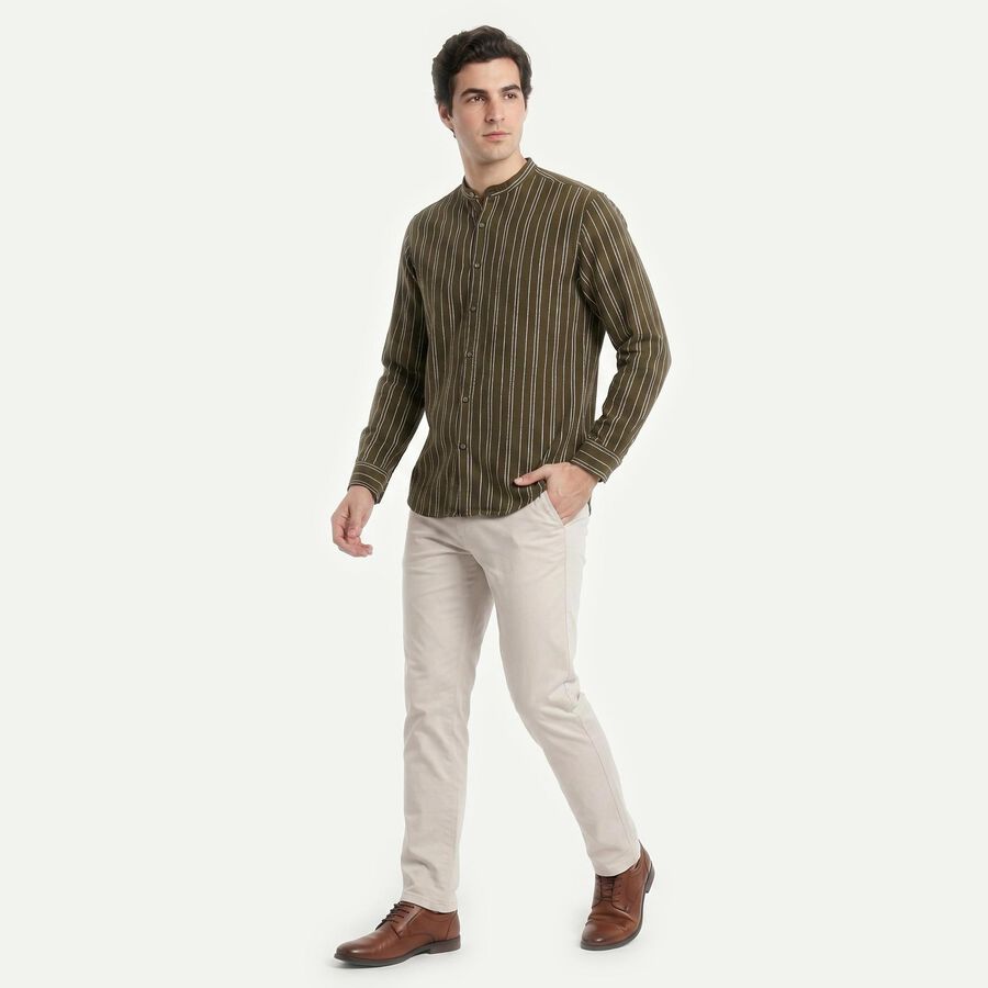 Men's Olive Green Cotton Mandarin Collar Striped Regular Fit Shirt, Olive, large