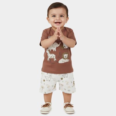 Infants' Brown Cotton Round Neck Animal Print Baba Suit