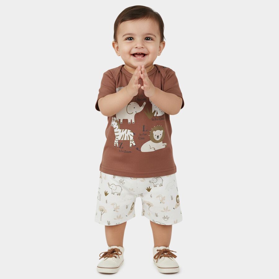 Infants' Brown Cotton Round Neck Animal Print Baba Suit, Brown, large