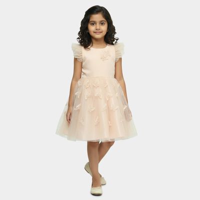 Girls' Navy Blue Regular Fit Floral Printed Tiered Frock