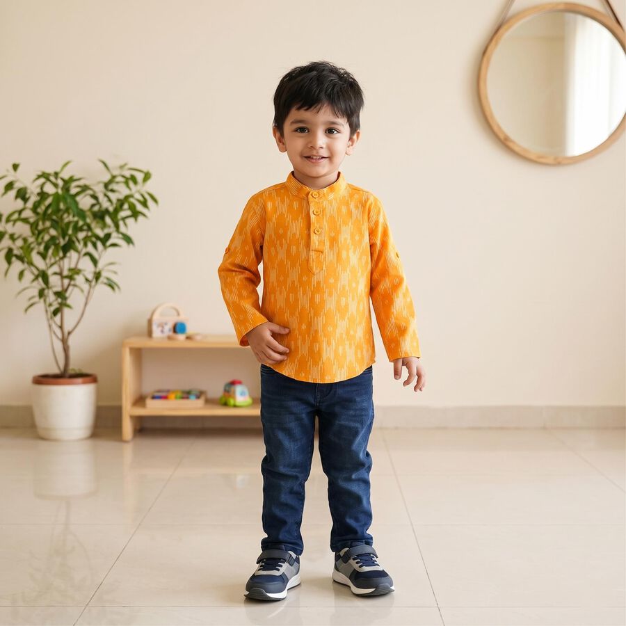 Boys Yellow Cotton Mandarin Collar Regular Fit Casual Shirt, पीला, large