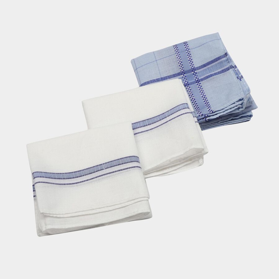 Men's Blue Checked Pack of 3 Handkerchief, मध्यम नीला, large