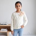 Girls' Cream Crew Neck Pullover Sweatshirt, Off White, small