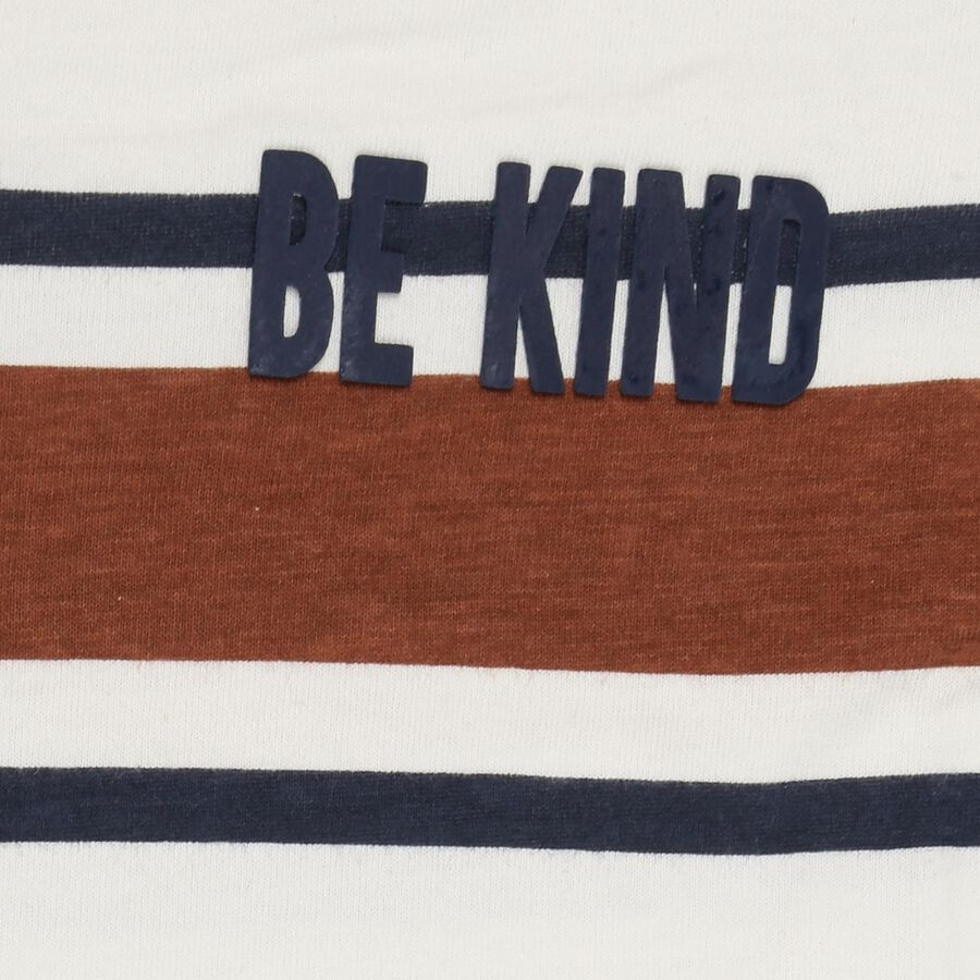 Boys' White Cotton Collar Neck Striped T-Shirt, Off White, large image number null