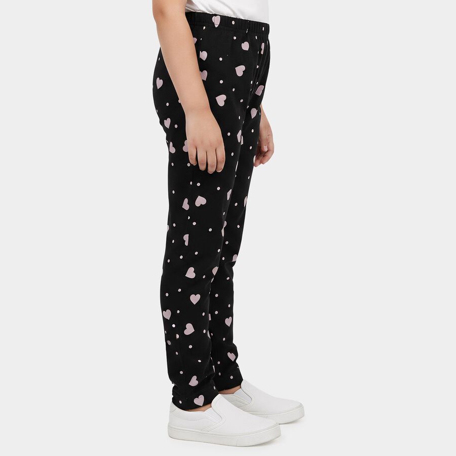 Girls Black Straight Fit Heart Printed Pyjama, काला, large