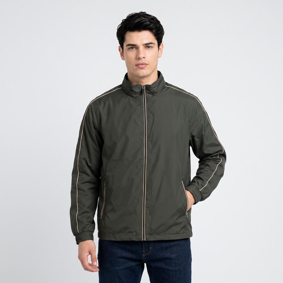Men's Olive Green Stand Collar Windbreaker Jacket, Dark Green, large