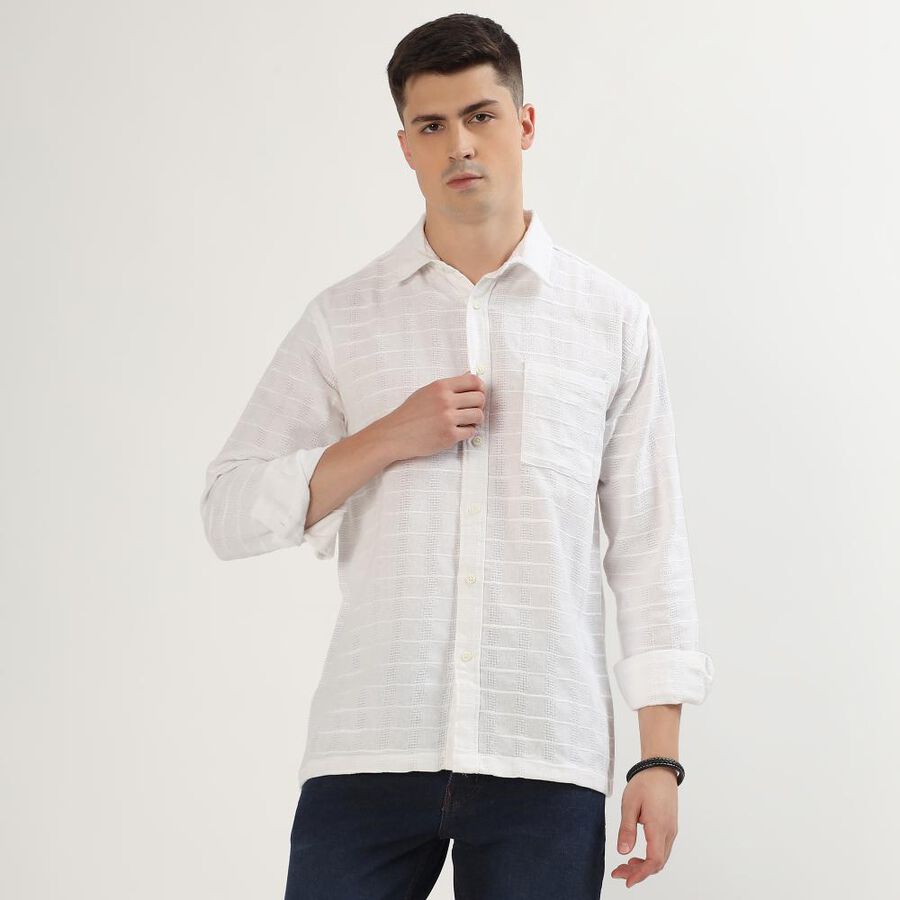 Men's Snow White Cotton Spread Collar Casual Shirt, सफ़ेद, large image number null