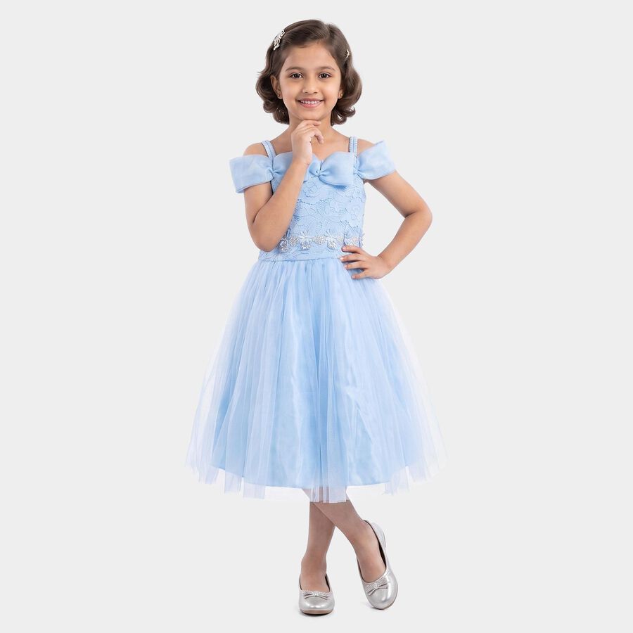 Girls' Light Blue Fit and Flare Bow Detail Party Wear Frock, Light Blue, large