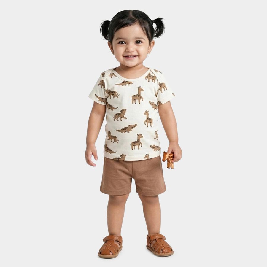 Infants' Beige Cotton Round Neck Solid Baba Suit, Beige, large