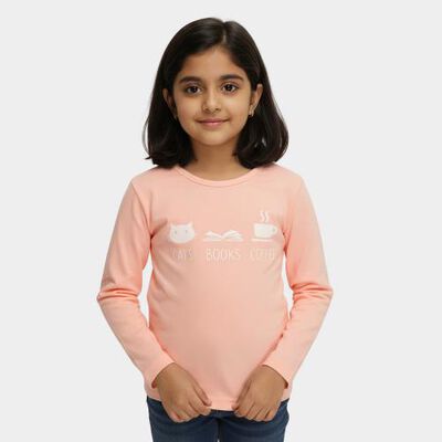 Girls Soft Peach Round Neck Casual Long Sleeve Top