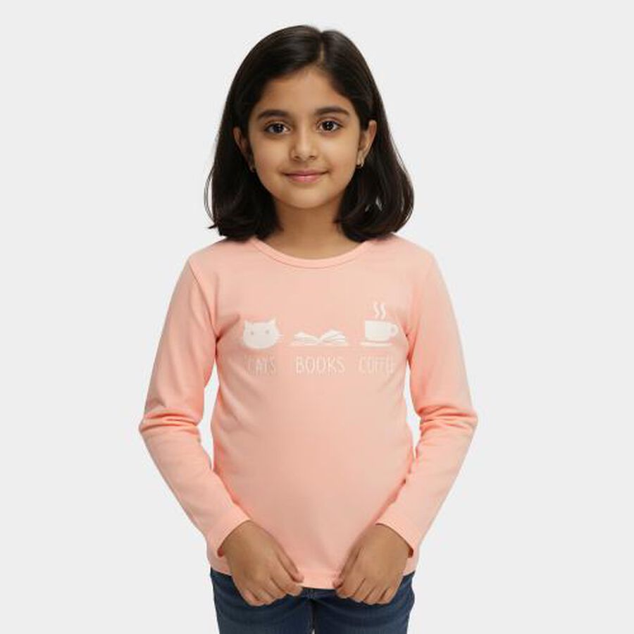 Girls Soft Peach Round Neck Casual Long Sleeve Top, पीच, large image number null