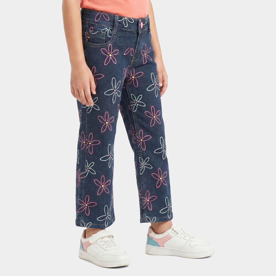 Girls' Navy Blue Straight Fit Printed Jeans, Dark Blue, large