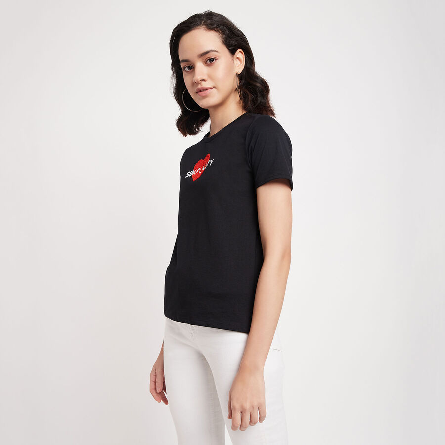 Embellished Round Neck T-Shirt, काला, large image number null