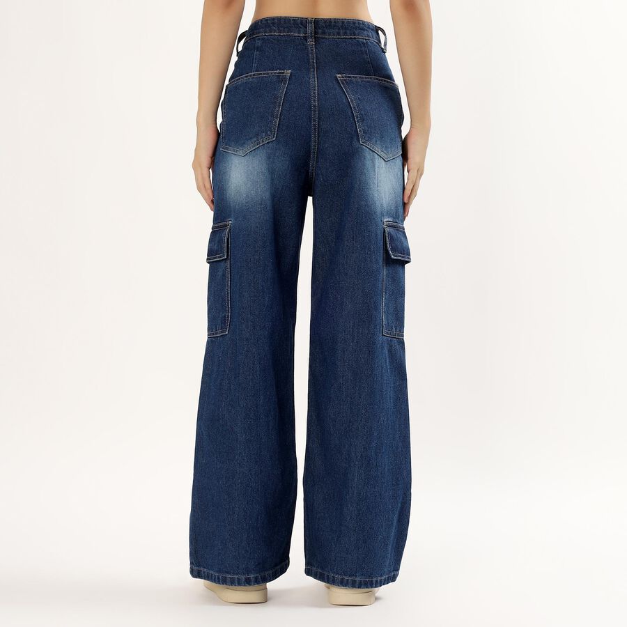 Women's Stonewashed Blue Wide-Leg Cargo Jeans, Dark Blue, large image number null