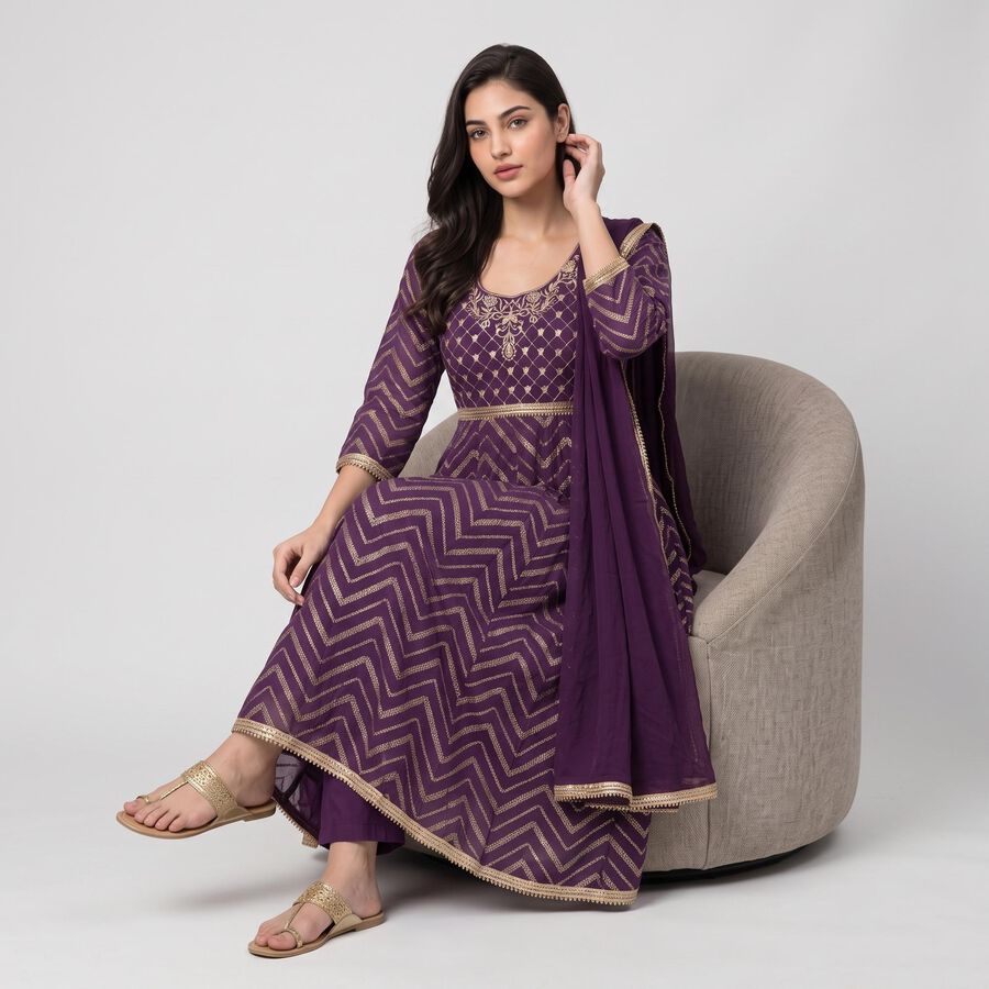 Women's Purple Embroidered Ethnic Set, Purple, large