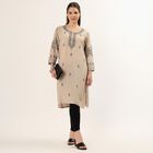 Women's Beige Round Neck Printed Kurta, गहरा पीला, small