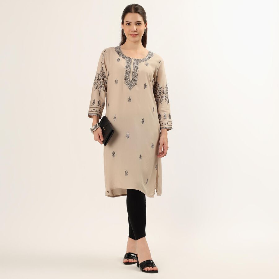 Women's Beige Round Neck Printed Kurta, गहरा पीला, large