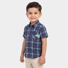 Boys Navy Blue Cotton Short Sleeves Collar Shirt, Navy Blue, small