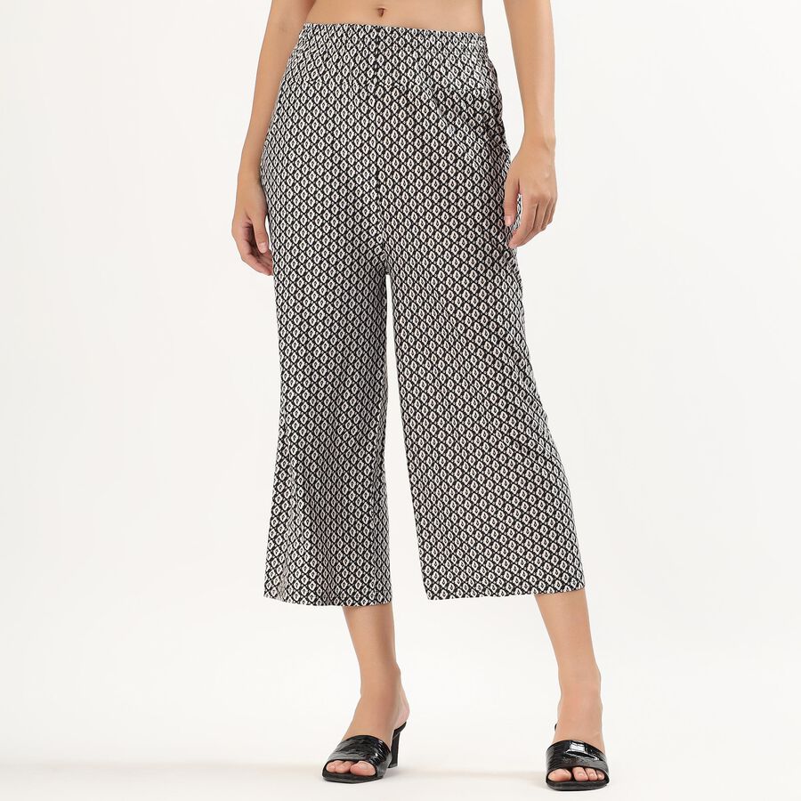 Women's Black And White High-Rise Printed Wide-Leg Trousers, काला, large image number null