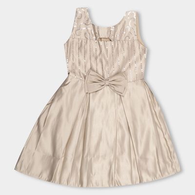 Girls' Champagne Sleeveless Flared Embellished Frock