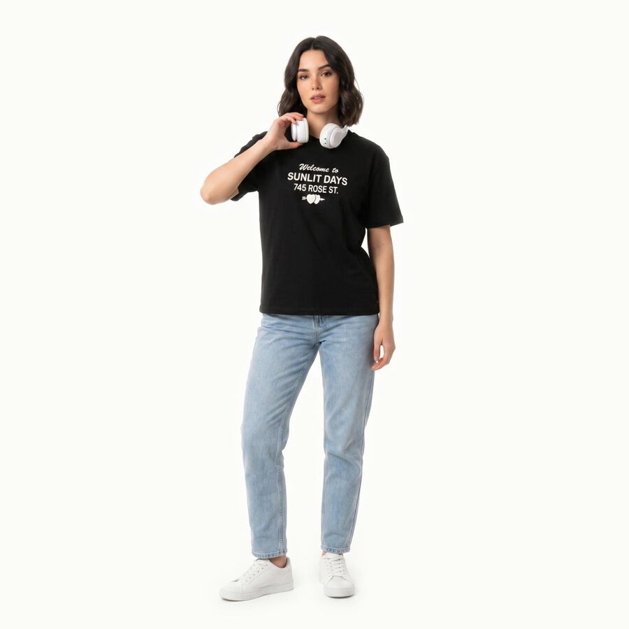 Women's Black Round Neck Regular T-Shirt, काला, large