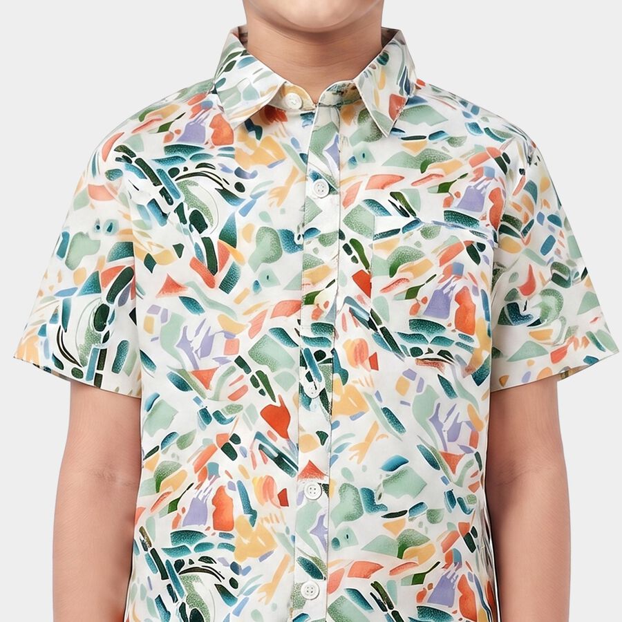 Boys' White Cotton Spread Collar Shirt, White, large