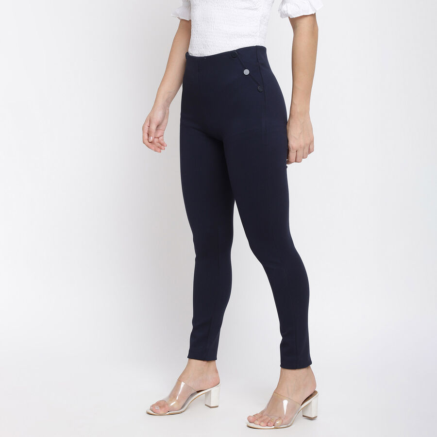Solid High Rise Skinny Trousers, Navy Blue, large image number null