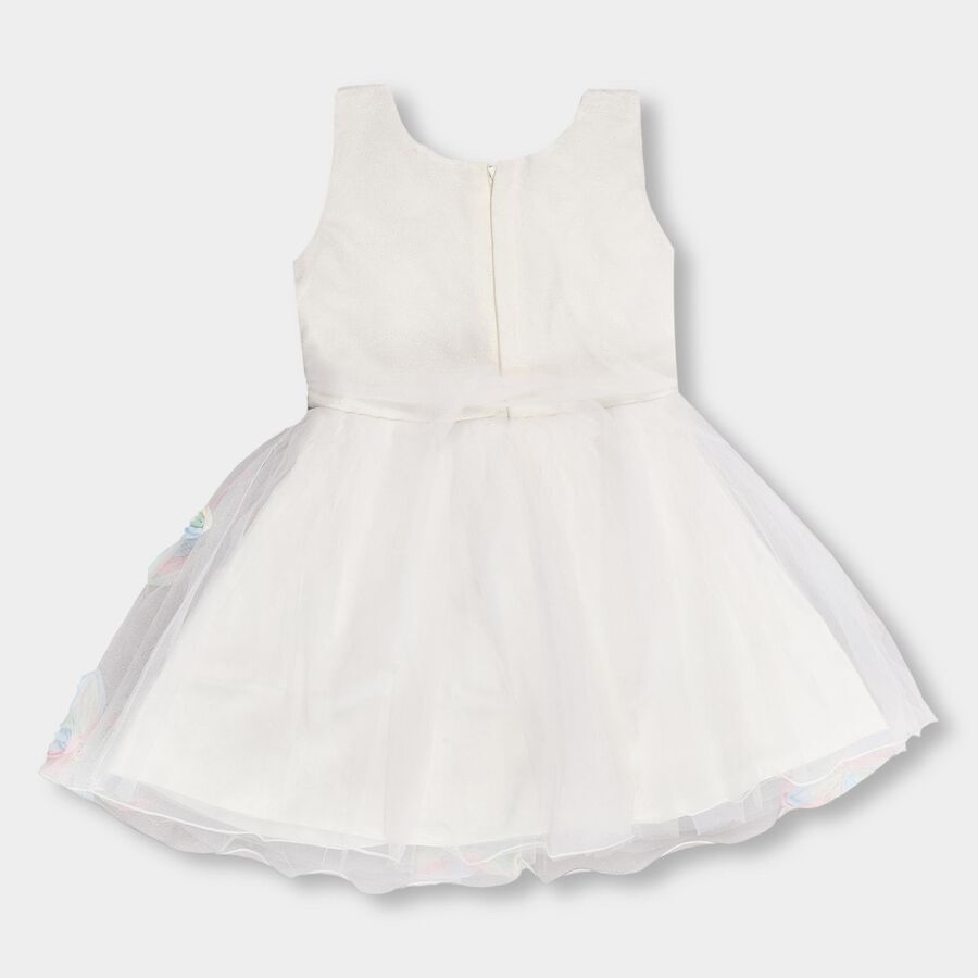 Girls' White Sleeveless Flared Embellished Frock, Off White, large image number null