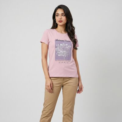 Women's Lilac Cotton Blend Round Neck Regular T-Shirt