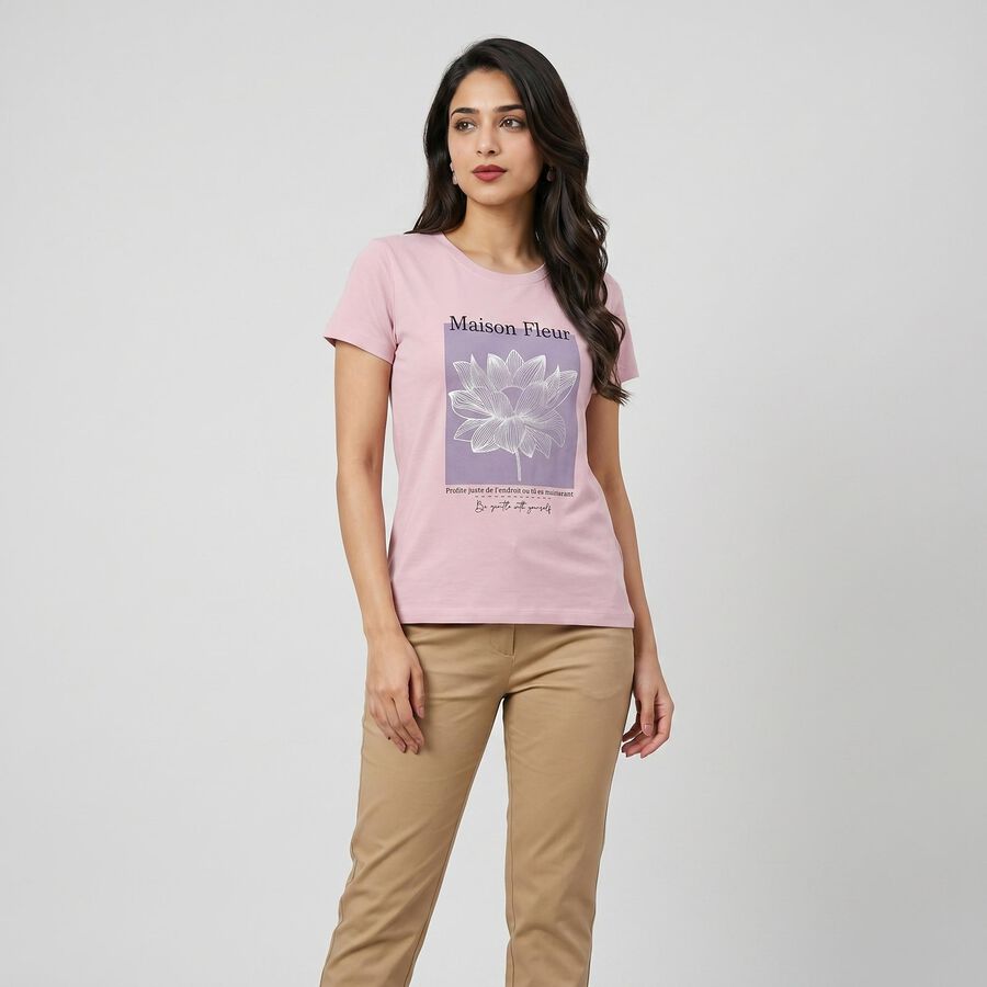 Women's Lilac Cotton Blend Round Neck Regular T-Shirt, Lilac, large