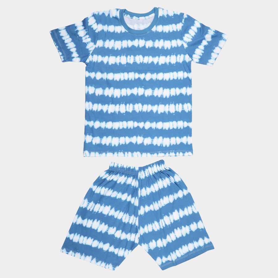 Boys Light Blue Cotton Round Neck Solid Night Suit, Light Blue, large