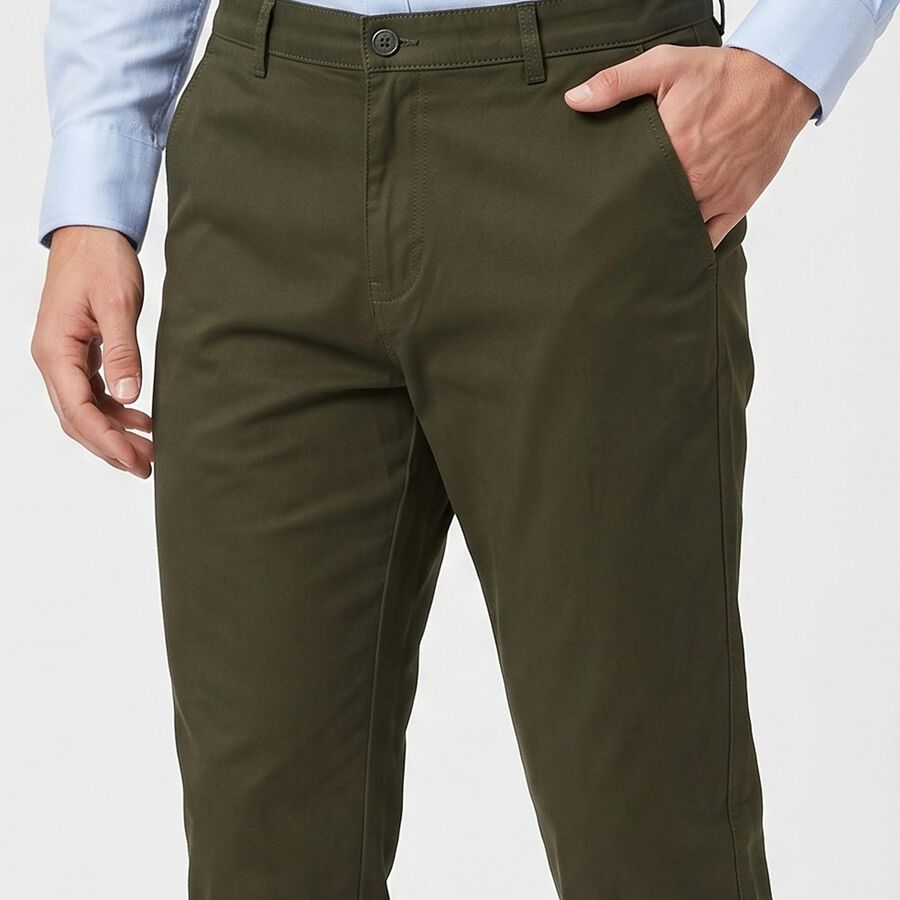 Men's Olive Green Slim Fit Chino Trousers, ओलिव, large