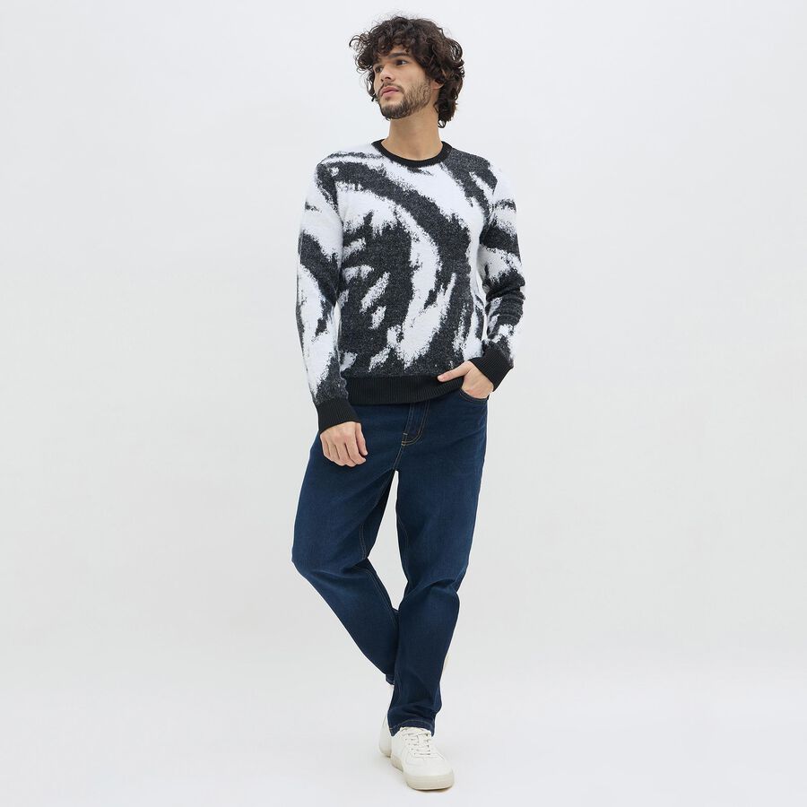 Men's Black and White Crew Neck Casual Pullover, Black, large image number null