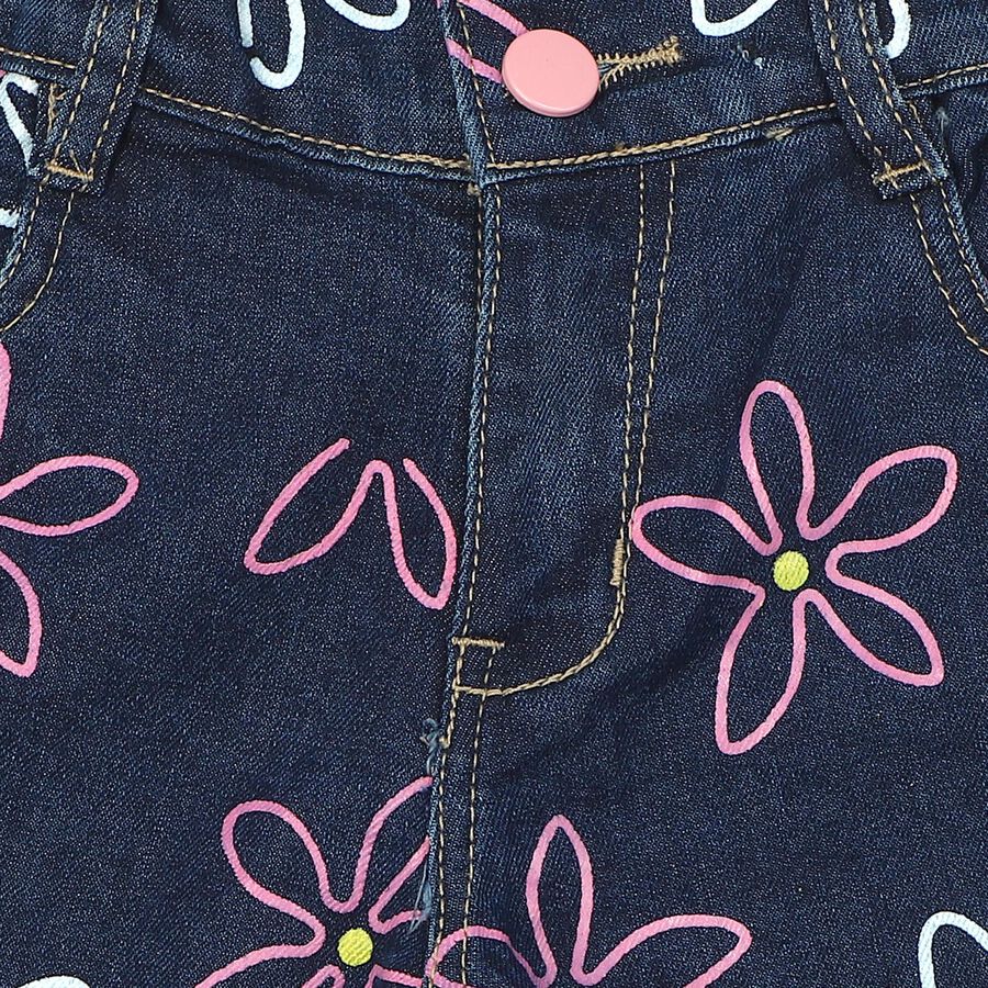Girls' Navy Blue Straight Fit Printed Jeans, Dark Blue, large