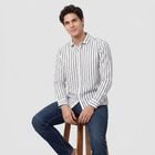 Men's Dark Blue Cotton Long Sleeve Spread Collar Regular Fit Casual Shirt, गहरा नीला, small