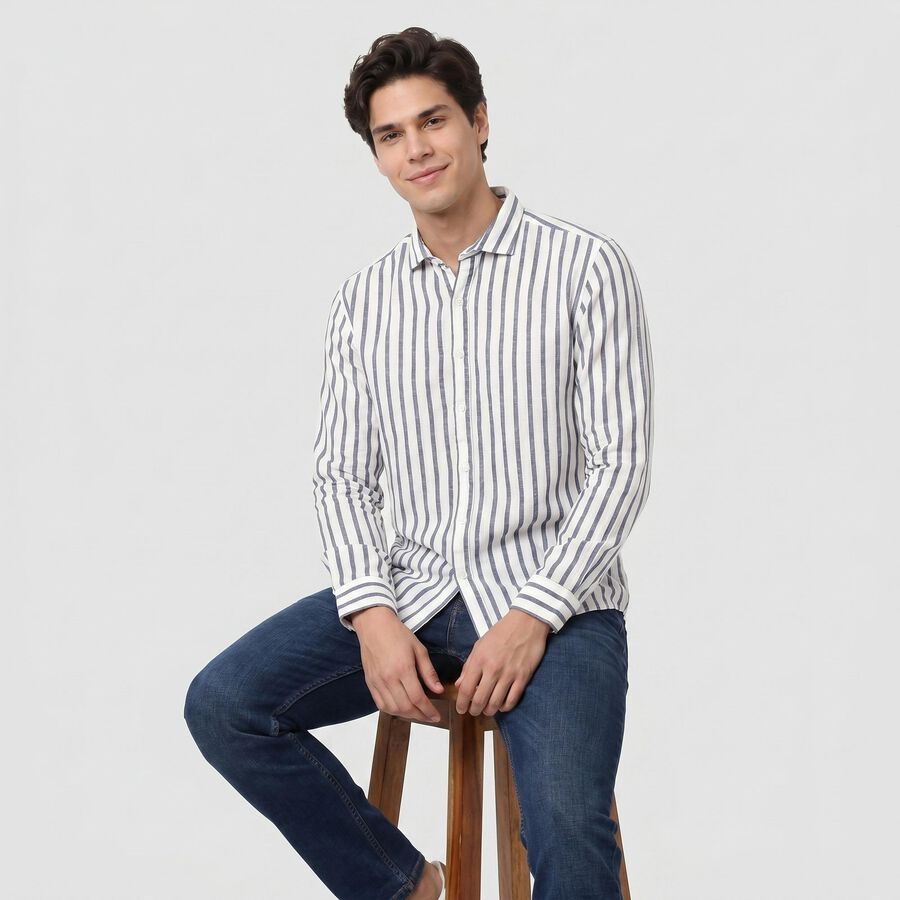 Men's Dark Blue Cotton Long Sleeve Spread Collar Regular Fit Casual Shirt, गहरा नीला, large