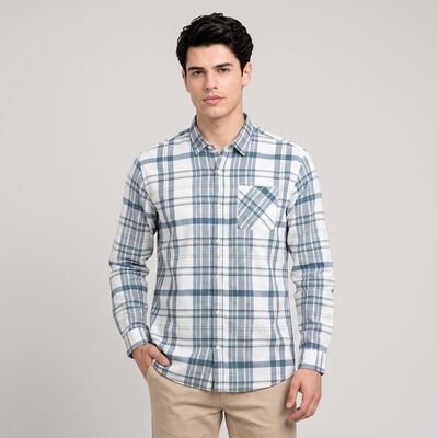Men's Blue Cotton Long Sleeve Spread Collar Shirt
