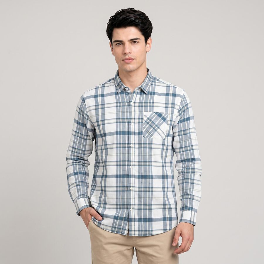 Men's Blue Cotton Long Sleeve Spread Collar Shirt, Mid Blue, large