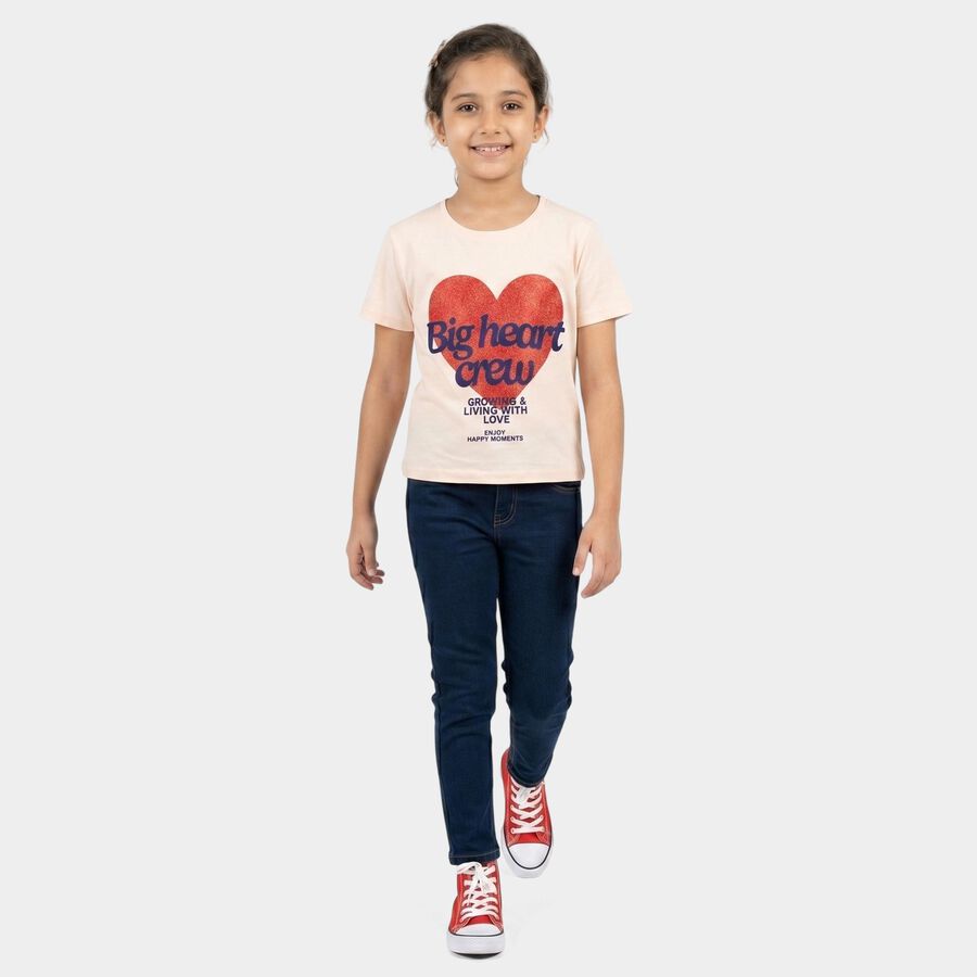 Girls Pink Round Neck Regular T-Shirt, हल्का गुलाबी, large