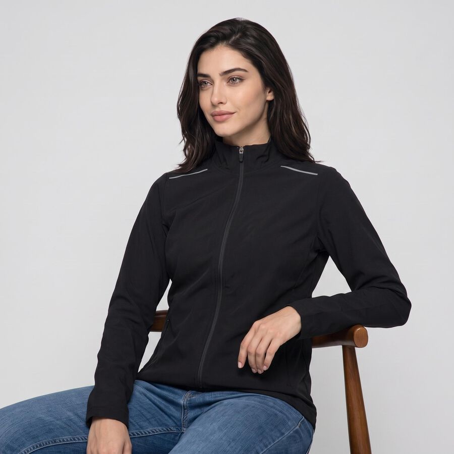 Women's Black Stand Collar Windbreaker Jacket, Black, large