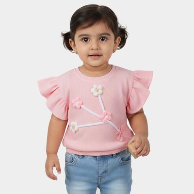 Girls Light Pink Round Neck Casual T-Shirt