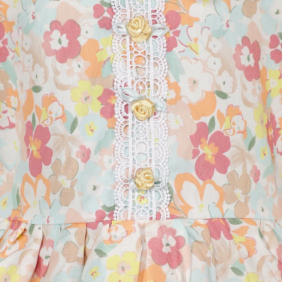Girls' Pastel Floral Cotton Blend Bell Sleeve Frock, Off White, large image number null
