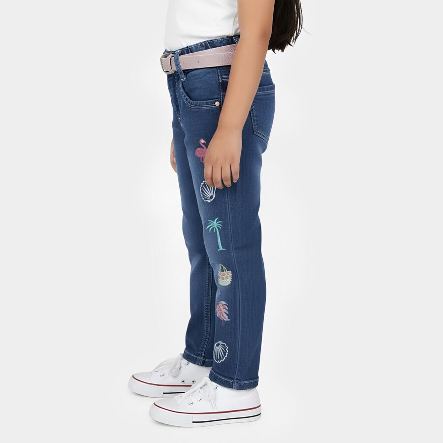 Girls' Blue Straight Fit Embroidered Jeans, Mid Blue, large