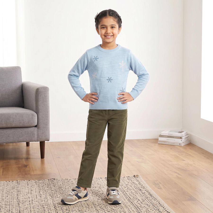 Girls Light Blue Crew Neck Printed Pullover, हल्का नीला, large
