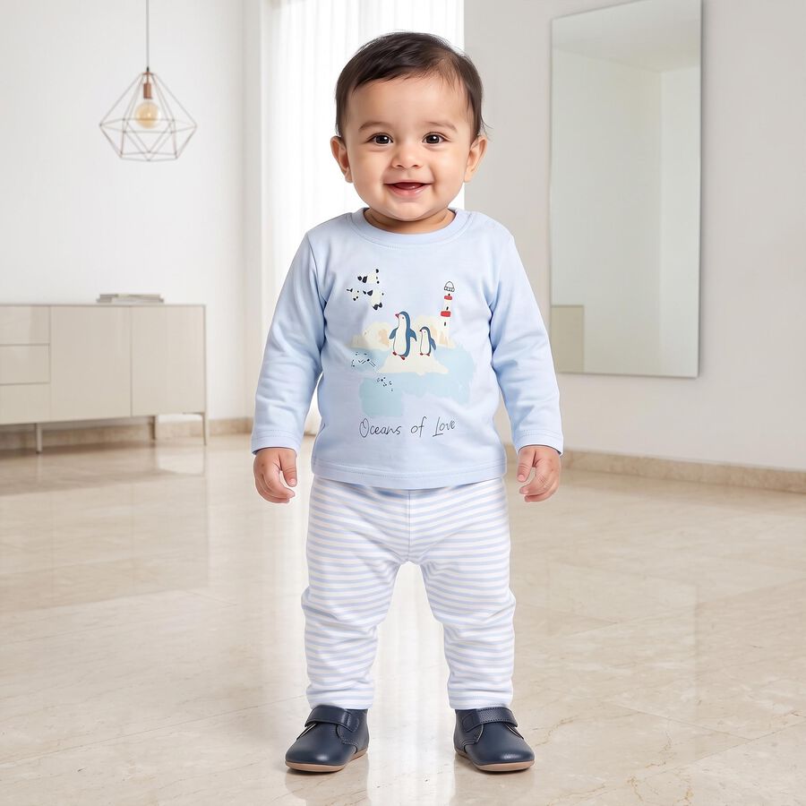 Infants' Light Blue 100% Cotton Round Neck Graphic Print Baba Suit, Light Blue, large