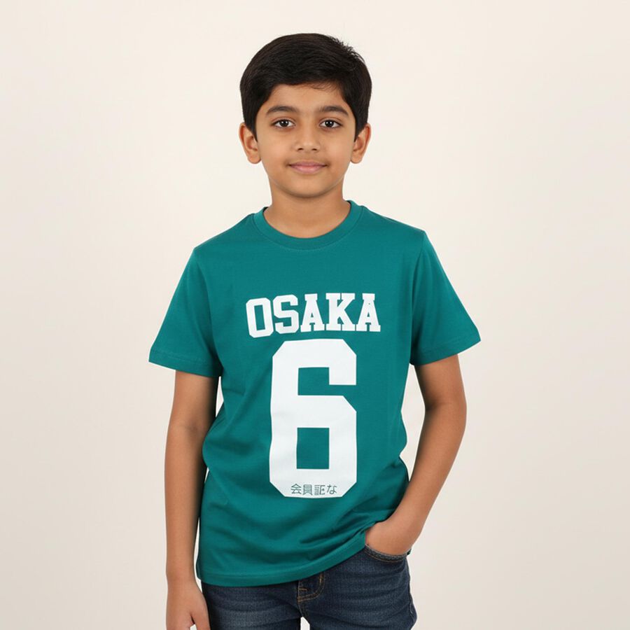 Boys Vibrant Teal Green Crew Neck Casual Graphic T-Shirt, गहरा हरा, large image number null