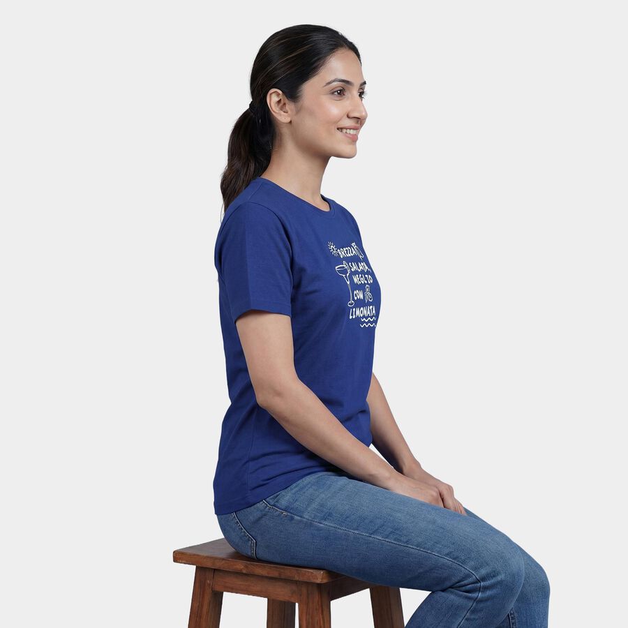 Women's Blue Round Neck Casual T-Shirt, Blue, large