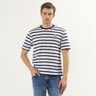 Men's White Round Neck Striped T-Shirt, White, small